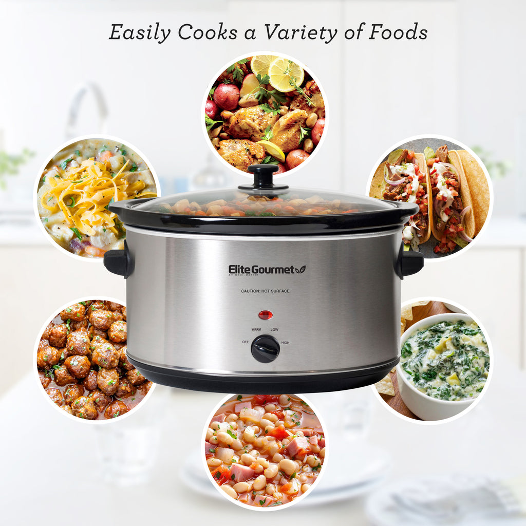 Easily cooks a variety of foods. Images of various meals and side dishes surround the slow cooker.