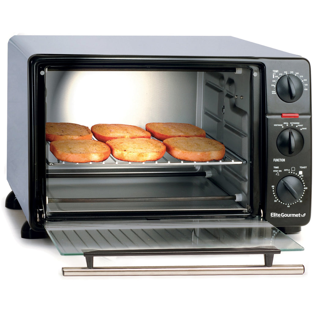 Toaster oven with 6 slices of toast inside.