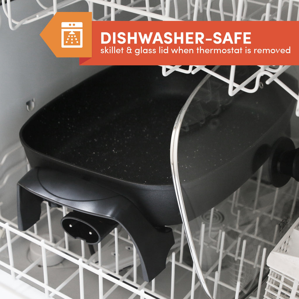 DISHWASHER-SAFE skillet & glass lid when thermostat is removed. Skillet in a dishwasher.