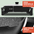 HIGH SIDEWALLS provide extra cooking & serving capacity. EASY POUR SPOUT to prevent messy splatters. 3.15" wall height