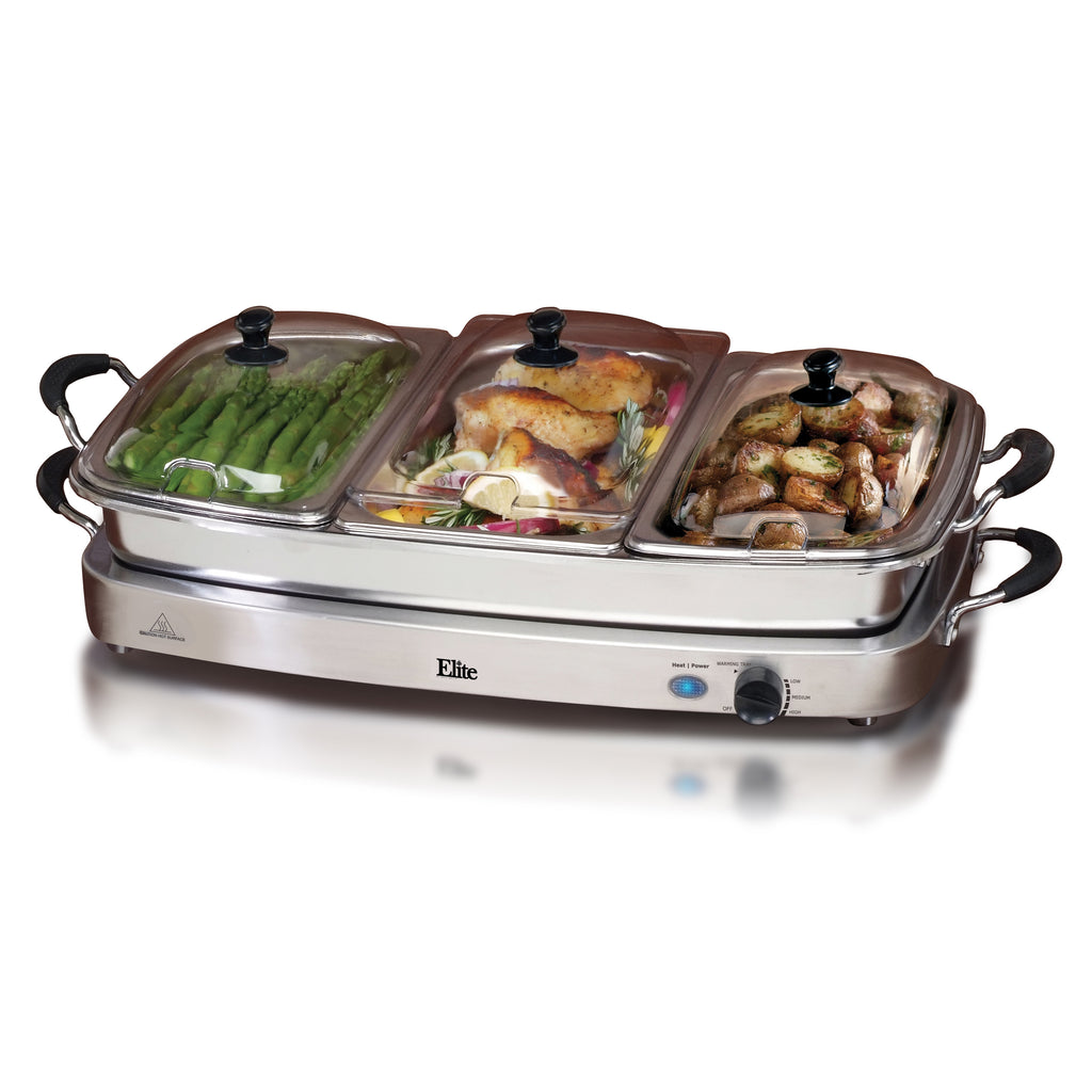 3 Tray 7.5-Quart Triple Buffet Server Food Warmer with Clear Slotted Lids