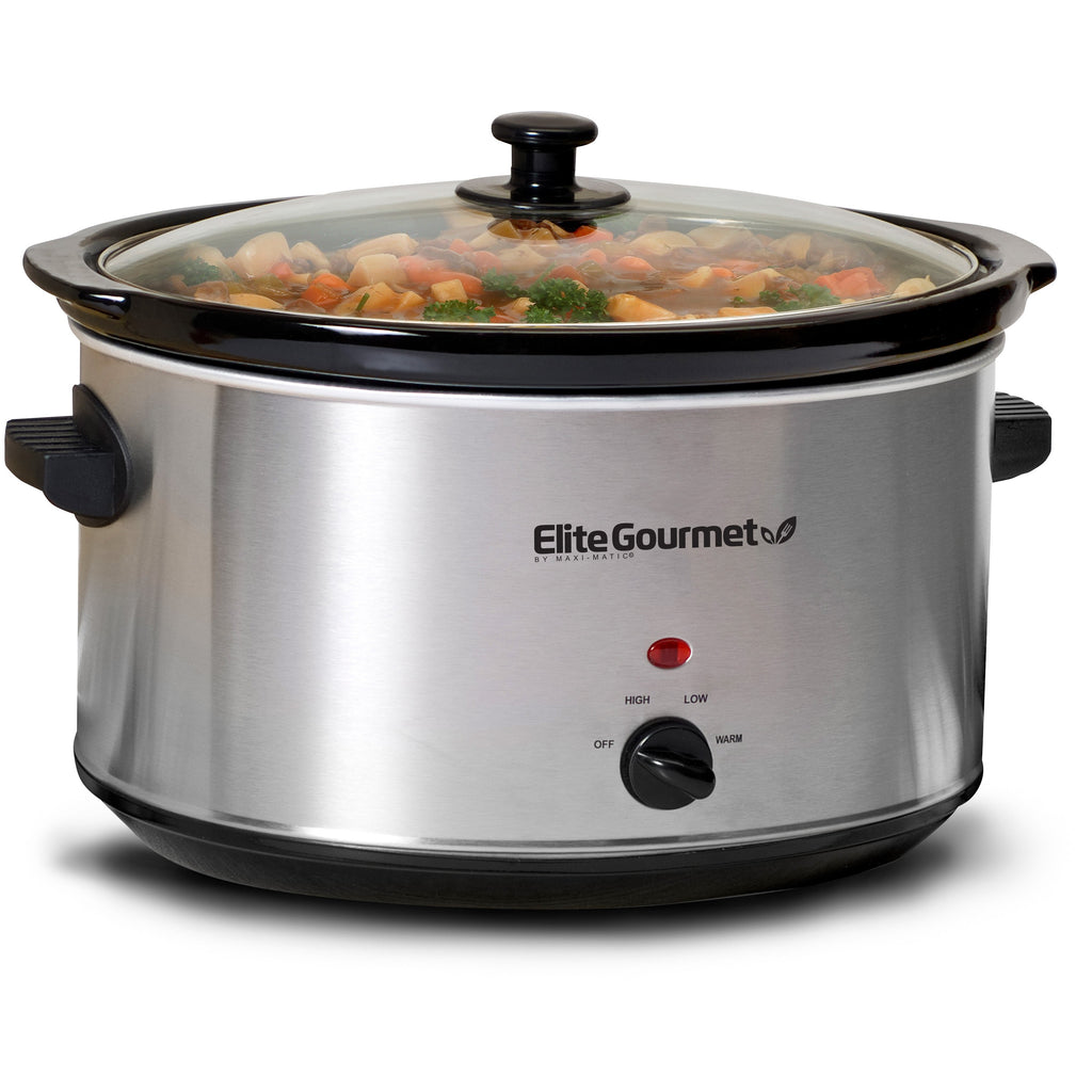 8.5 Qt. Stainless Steel Slow Cooker and glass lid with beef stew cooking inside pot.